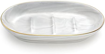 Luxspire Soap Dish Holder, Ceramic Marble Soap Tray Bar Soap Holder with Gold Trim, Oval Sponge Case Box Hand Soap Plate Container for Bathroom Vanity Shower Kitchen Sink Easy Cleaning, Marble White