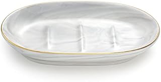 Luxspire Soap Dish Holder, Ceramic Marble Soap Tray Bar Soap Holder with Gold Trim, Oval Sponge Case Box Hand Soap Plate Container for Bathroom Vanity Shower Kitchen Sink Easy Cleaning, Marble White