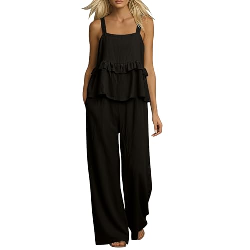 Traje de verano de dos piezas para mujer en lino con pantalones anchos con bolsillos