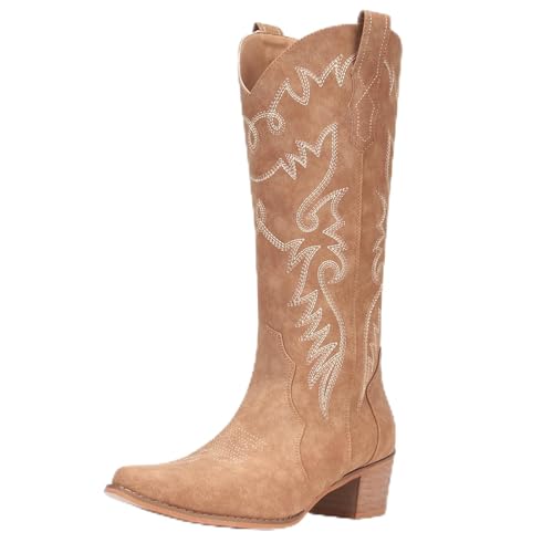IXU Cowboy Boots Women Pointy Toe Women's Mid Calf Western Cowgirl Boots