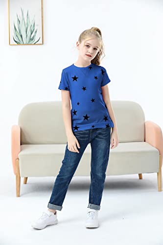 Girls Tops Tees Blouses Crewneck Summer Short Sleeve Shirts Pullover Tops Soft Polyester Color Block Casual Tees 4-13 Years (12-13 Years, Star-Blue) #TOP3