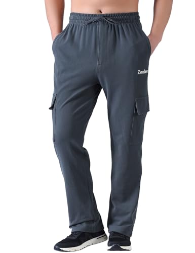 Zoulee Men's Cargo Pants Open Bottom Loose Fit Sweatpants, Straight Leg Gym Casual Pants with Pockets, Front Zipper Fly3