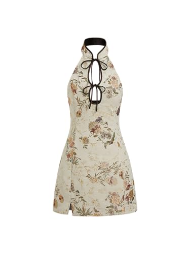 CIDER Mini Dress Floral Halter Neck Dresses Tie Front Cut Out Middle Waist Short Length Dress