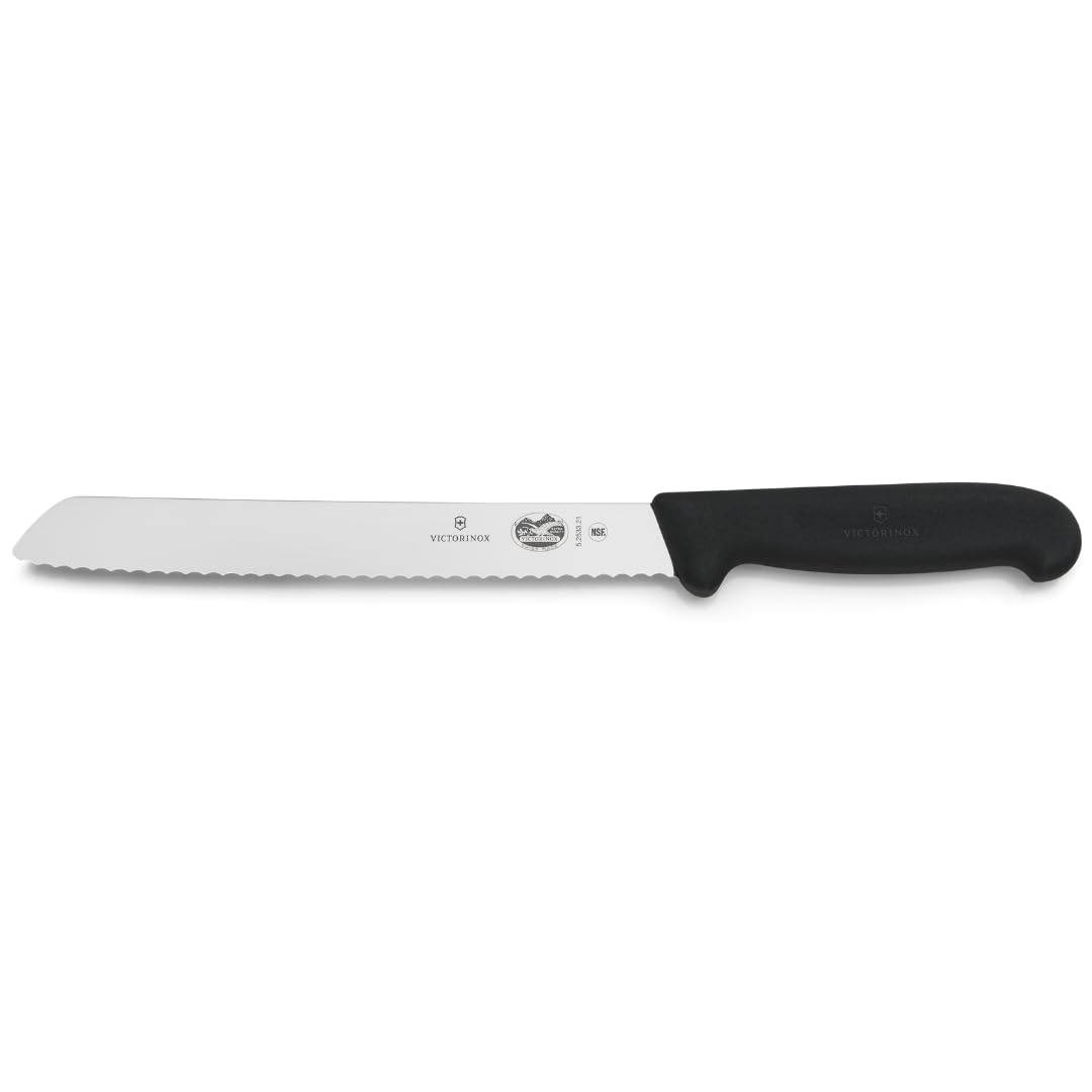 Victorinox Fibrox, Coltello da Pane con Filo Ondulato, Coltello affilato per Dolci e Pane, 21 cm, Lama Lunga, Acciaio Inossidabile, Nero