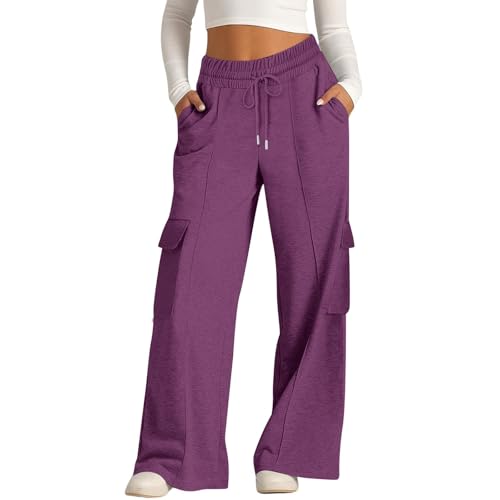 Lightweight Cargo Sweatpants for Women Outdoor High Waisted Drawstring Sweat Pants Fall Palazzo Pant with Pockets