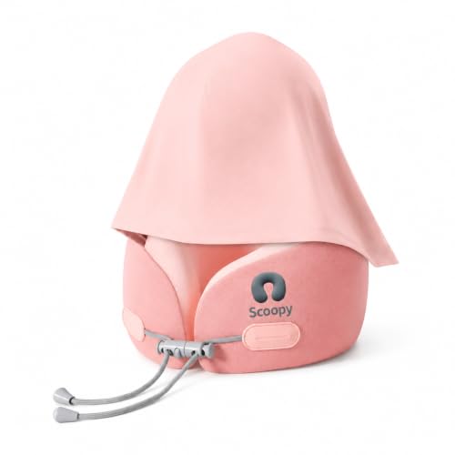 SCOOPY Hooded Travel Neck Pillow Memory Foam Neck Pillow with Adjustable Hood & Premium Elastic Washable Cover First Class Comfort for Flights, Road Trips & Sleep (Pink)