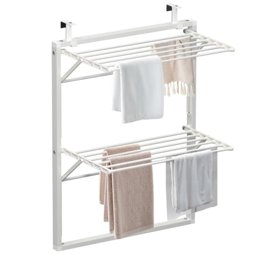 Stendibiancheria da Parete Salvaspazio a 2 Livelli Pieghevole Stendino da Muro Richiudibile per Balcone Bagno e Interno Facile da Installare Bianco