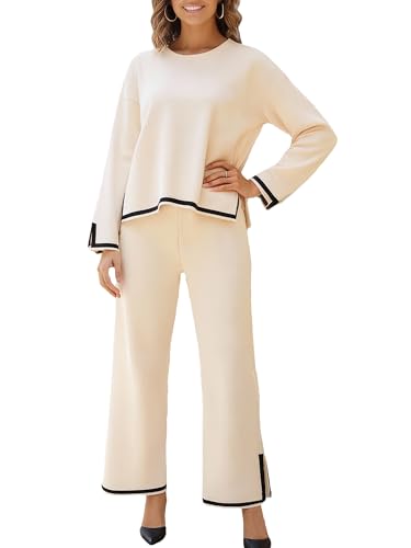 MessBebe Conjunto deportivo de 2 piezas para mujer, suéter de punto, parte superior y pantalones de pierna ancha, conjunto de chándal, albaricoque, XL