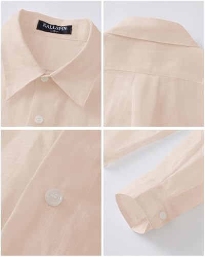 Kallspin Men's Linen Cotton Long Sleeve Shirt Breathable Summer Beach Button Down Shirts with Pocket4