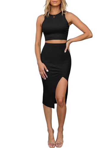 oten Women's 2 Piece Outfits Summer Knit Crop Tank Top Bodycon Midi Skirt Sleeveless Party Evening Club Cocktail Dress Set Black Small