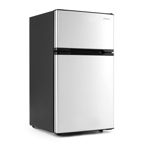 Image of COSTWAY Compact Refrigerator, 3.2 Cu.Ft. Fridge Freezer Compartment with Reversible 2 Door, Adjustable Thermostat, Removable Glass Shelves, Mini Refrigerator for Bedroom Dorm Apartment, Glossy Silver