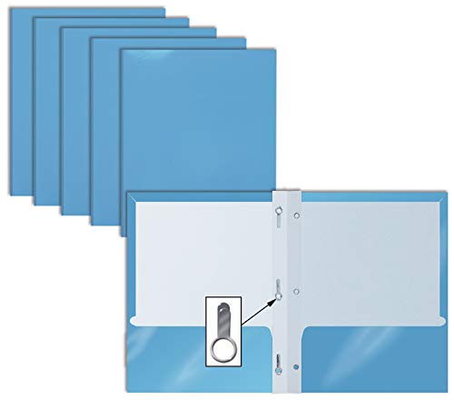 2 Pocket Glossy Light Blue Paper Folders with Prongs, 25 Pack, by Better Office Products, Letter Size, High Gloss Light Blue Paper Portfolios with 3 Prong Fasteners, Box of 25, Light Blue