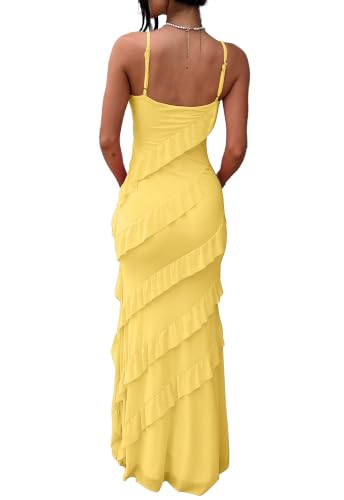 Image of HOCILLE Women's Sexy V Neck Backless Bodycon Spaghetti Strap Elegant Ruffle Maxi Cocktail Party Dresses