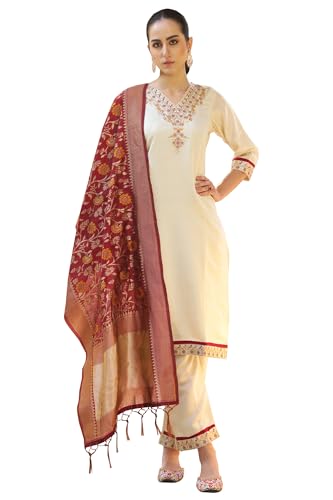 Image of VredeVogel Women's Embroidered Chanderi Silk Jacquard Straight Kurta Pant Set with Dupatta | Perfect for Festive & Casual Ethnic Wear Kurta Set