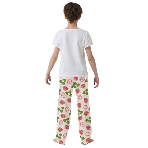 ZZXXB Strawberry and Leaves Boys Long Pants Soft Trousers Elastic Waist Kids Lounge Bottoms with Pockets S-XL3