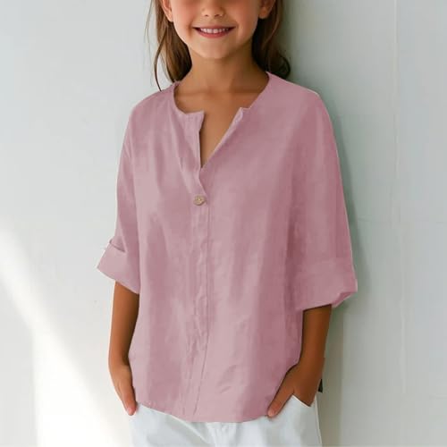 Girls Button Down Blouse Cotton Linen Henley Shirt Kids Plain Cute Tops Long Sleeve V Neck Preppy Shirts Fall4