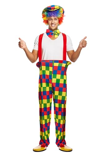 HENBRANDT Rainbow Clown Costume Adult One Size - Vibrant Multicolour Fancy Dress Outfit with Hooped Trousers Hat & Bow Tie for Parties Festivals Halloween & Comedy Events
