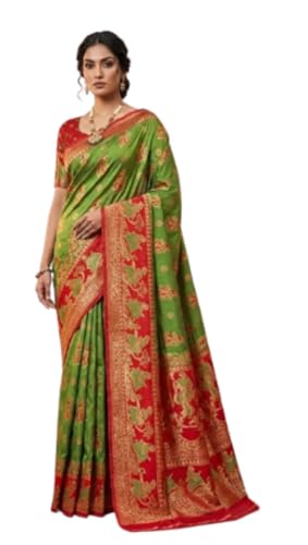Traditional Baluchari Woven Silk Blend Saree Green & Red Zari Jacquard Sari with Unstitched Blouse Piece