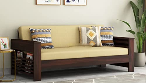 Image of Solid Wooden Sofa Set 3 Seater Furniture, Wood 3 Seater Sofa Set, Teak Wood Furniture Sofa Set 3 Seater for Home Living Room with Cushions Wooden Sofa Set, Mahogany Finish