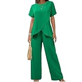 AACH Hosenanzug Damen Sommer Outfits Elegant Slim Fit 2-Teiliges Kurze Ärmel Rundkragen Oberteile und Weite Hose Zweiteiler Geschäft Büro Sportanzug Locker Einfarbig Freizeitanzug Mode Anzug