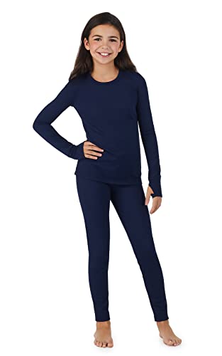 Cuddl Duds Girl's Long Sleeve Top And Legging Bottom Thermal Base Layer 2-Piece Set - Moisture Wicking - Large Peacoat Navy #TOP1