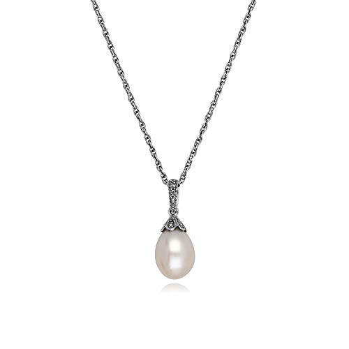 Gemondo USA 925 Sterling Silver 12x9mm Fresh Water Pearl & Marcasite Classic Necklace - Main Image