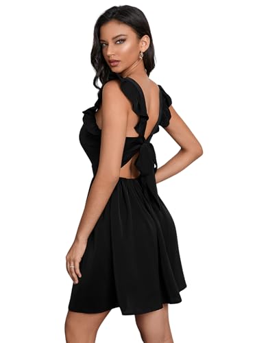OYOANGLE Women's Tie Back Square Neck Ruffle Strap Sleeveless A Line Flare Flowy Summer Short Dress Black M