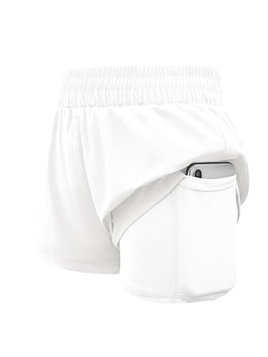 Haloumoning Girls Athletic Shorts High Waist Elastic 2 in 1 Running Shorts with Side Pockets 5-14 Years White