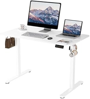 ERGOMAKER Electric Standing Desk, 43.3" x 23.6" Height Adjustable Sit Stand Desk with Splice Board for Home Office, Computer Desk Memory Preset (White Frame, White Desktop)