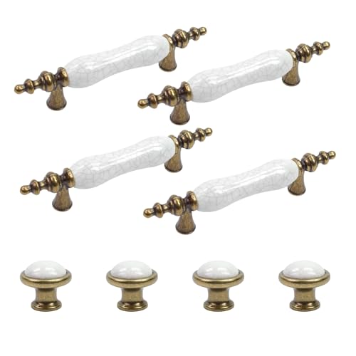 Mewutal Set of 8 Crack Pattern White Ceramic Cabinet Pulls and Drawer Knobs Vintage Dresser Handles 3 Hole Center Antique Bronze Wardrobe Pull Palace Style Decorative Handles for Closet Cupboard Door