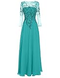 Damen Abendkleid Chiffon Lang Brautmutterkleider Vintage Ballkleid A-Linie Langarm Festkleid Hochzeitskleid Jade 58