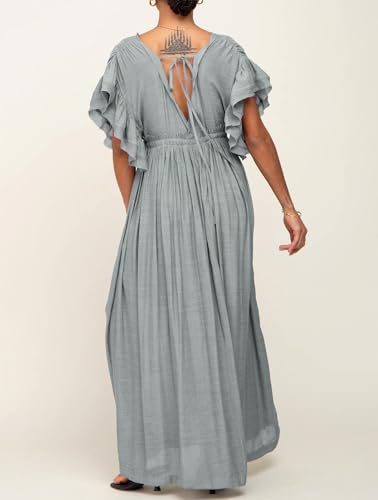 Image of R.Vivimos Maxi Dresses for Women 2026 Summer Short Sleeve V Neck Drawstring Tie Boho Loose Flowy Long Dresses with Pockets