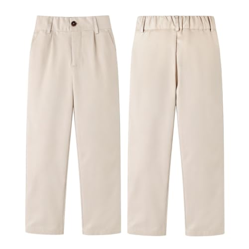 Image of HILEELANG Boys Chino Pants School Dress Pants Straight Leg with Pockets | Cotton Blend Fabric, Elastic Back Waist, Classic Chino Style, Side Pockets, Perfect for School Uniforms and Everyday Wear