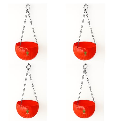 Image of Hanging Flower Pots with Chain - Set of 4 | Eco-Friendly White Plastic Planters for Balcony, Indoor & Outdoor Use | Round Ribbed Design (Red 4 Pieces)