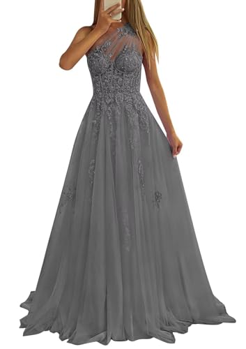 Robe de soirée longue grise asymétrique en tulle drapé et corset brodé taille 50