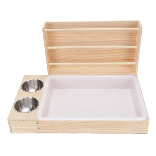 PUNELE 3 Po en 1 Mangeoire de Lapin avec Bac à Litière et 2 Bols Guinée Grass Grass Food Rack de Nourriture Multifonctionnelle Feeder en Bois de Grande capacité Structure