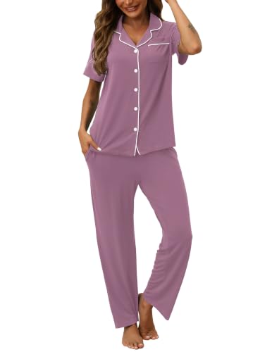 Image of HNG Women Pajamas Set 2 Piece Button Up Pajamas Pant and Short Sleeve Shirt for Woman Pj Sets with Pocket