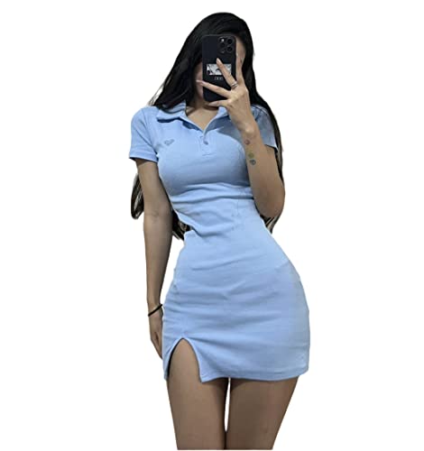 Robe moulante femme col V brodé mini robe bleue taille M tendance