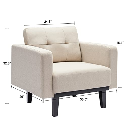 Mid-Century Modern Cream Accent Chair With Wood Legs And Wood Base, Oversized Upholstered Single Sofa Chair, Comfy Living Room Armchairs For Apartment Bedroom Office Study, Ivory/Beige #TOP2