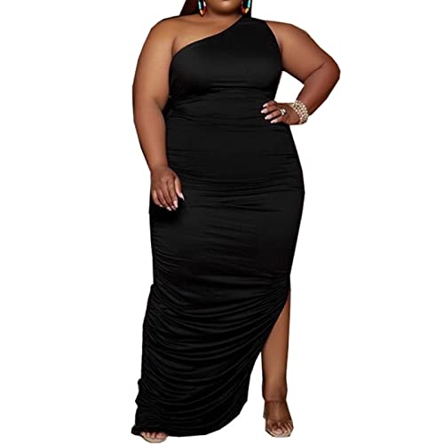 Womens Sexy Plus Size One Off Shoulder Sleeveless Bodycon Ruched Evening Pencil Party Maxi Dresss