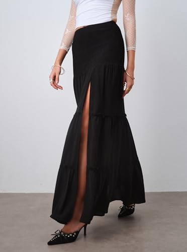 Womens Slit Flowy Boho Maxi Skirt Summer Trendy Shirred High Waisted Ruffle Tiered Beach Long Skirts4