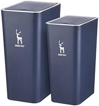 Trash Can, Plastic Garbage Can with Press Lid, 2 Pack Waste Basket for Bathroom, Kitchen, Bedroom, Garbage Bin with Push Button, Commercial Trash Bin for Office,2Gallon &3 Gallon (Navy Blue)