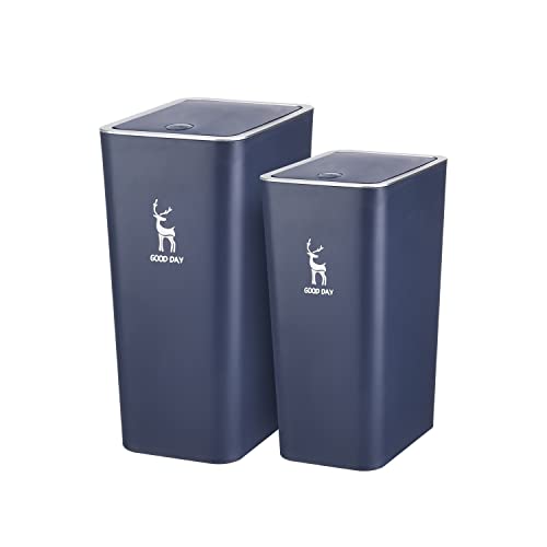 Trash Can, Plastic Garbage Can With Press Lid, 2 Pack Waste Basket For Bathroom, Kitchen, Bedroom, Garbage Bin With Push Button, Commercial Trash Bin For Office,2Gallon &3 Gallon (Navy Blue) #TOP22