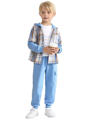 Image of 2Pcs Boys Clothes Sweatsuit Set Hoodie Flannel Plaid Shirt and Jogger Pants for Kids Fall Winter Spring Outfits