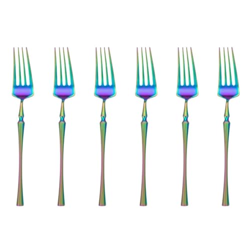 Image of Stainless Steel Flatware Set, Premium Cutlery Tableware Service Include Fork Set, Eating Utensil Sets with Steak, Mirror Polished, Dishwasher Safe (6 Pcs Small Fork, Rainbow)