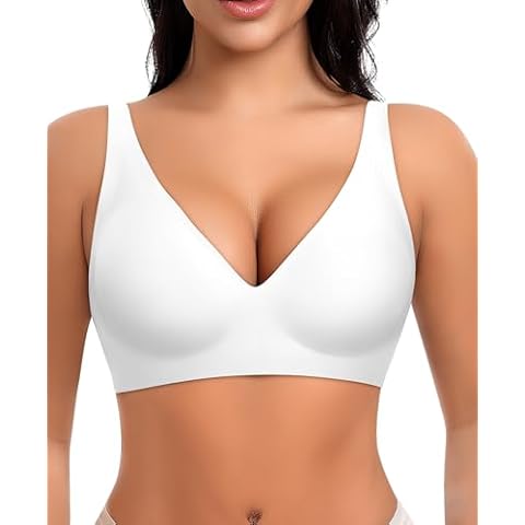 Ganado Deep V Wireless Bras for Women No Underwire Push Up Seamless Padded Comfort Bra Supportive Wirefree Bralette (White, Medium) Cover