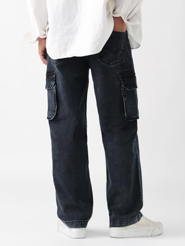Image of The Souled Store Solids: Stone Grey Men and Boys Buttoned Straight Fit Cargo Jeans