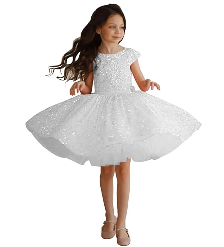Puffy Flower Girl Dresses Sparkly Sequin A-Line Princess Pageant Birthday Party Gown with Bow