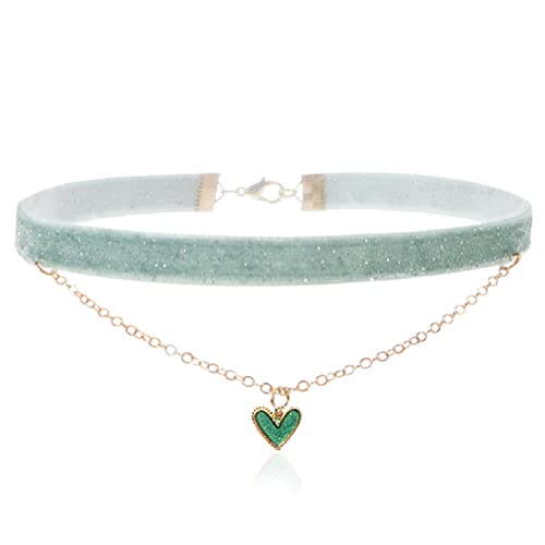 2Pcs Bling Bling Velvet Choker Necklace Set with Heart Pendant - Romantic Pastel Pink and Mint Green - Adjustable Collars for Women3