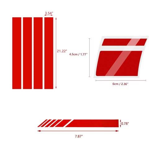 Image of x xotic tech Auto Universal Racing Style 4Pcs Front Hood Fender Double Hash Stripe Stickers + 6Pcs Reflective Tire Rim Safety Warning Stickers+ 4Pcs Rearview Mirror Slash Mark Decals Set (Red)